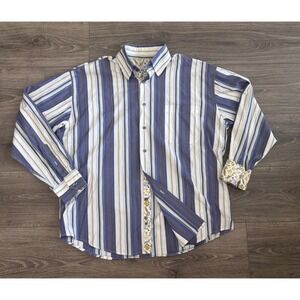 Bugatchi Uomo Button Up Shirt Mens Medium Blue White Striped‎ Floral Contrast